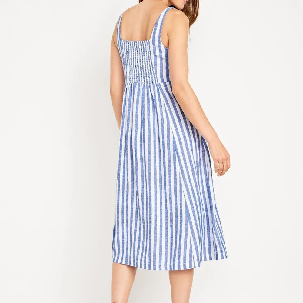 OLD NAVY fit & flare linen-blend midi dress in stripe (S) - Picture 2 of 6